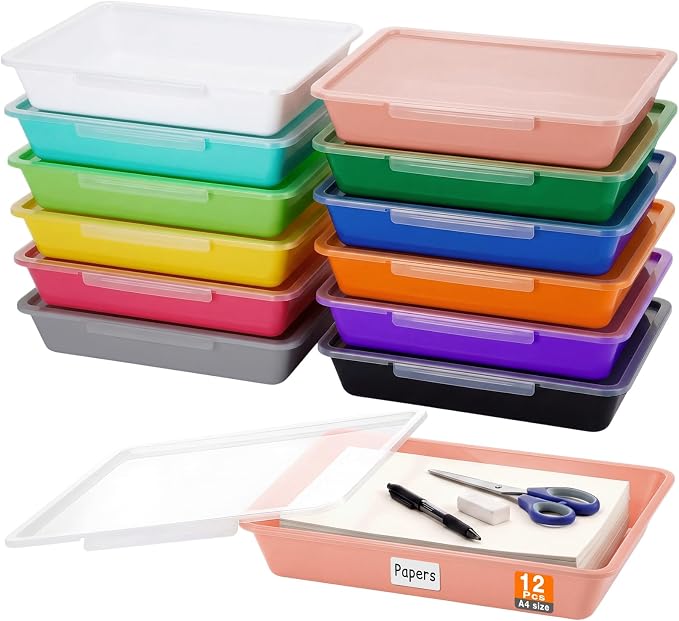 Tinlade 12 Pcs Classroom Paper Storage Bins with Clear Latching Lid, Label Stackable Letter Size Flat Tray Container for Teacher Back to School Supplies Home Office Desk Arts Crafts (Vibrant,13x10in)