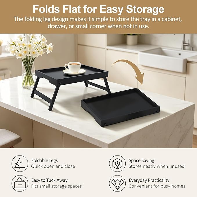 Breakfast Tray with Folding Legs Set of 2, Bamboo Bed Tray Table 15.7" Foldable TV Dinner Tray with Ergonomic Wave Handles for Bed Couch Sofa, Breakfast, Snacks, Coffee, Black