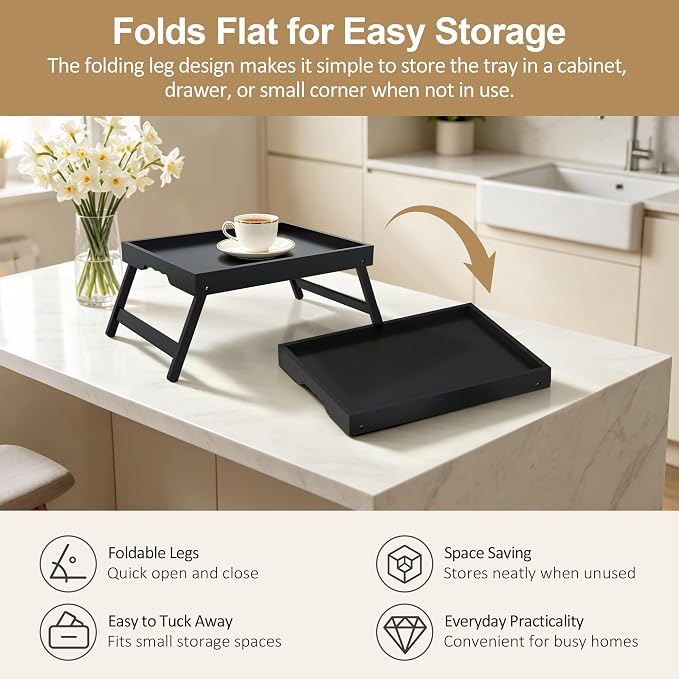 Large Breakfast Tray with Folding Legs Set of 2, 16.9" x 12.2" Bamboo Bed Tray Table with Ergonomic Wave Handles, Foldable TV Dinner Tray for Bed Couch Sofa, Breakfast, Laptop, Coffee, Black