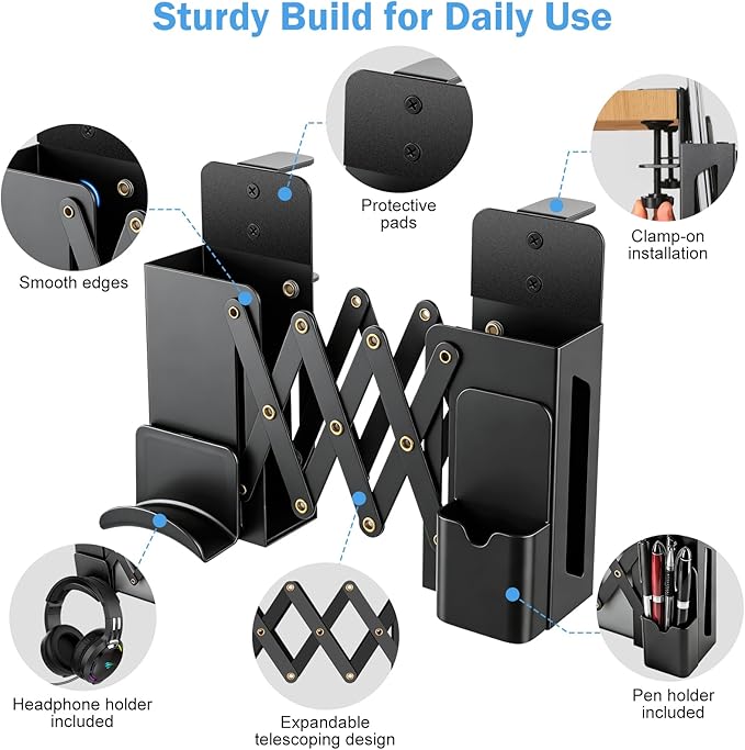 Desk Side Storage，Under Desk Clamp-on Vertical Laptop Holder,7-17 Inch Length Adjustable with Pen & Headphone Holder,No Drill Storage Shelf for Desk，Fits Table Edge 0.4" to 2.3"(Black)
