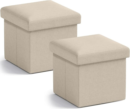 Ornavo Home Small Storage Ottoman, Set of 2 Foldable Collapsible Cube Square Linen Ottoman Foot Rest Stool Seat, for Living Room, Bedroom, Home Office, Dorm - 12 x 12 x 12, Beige