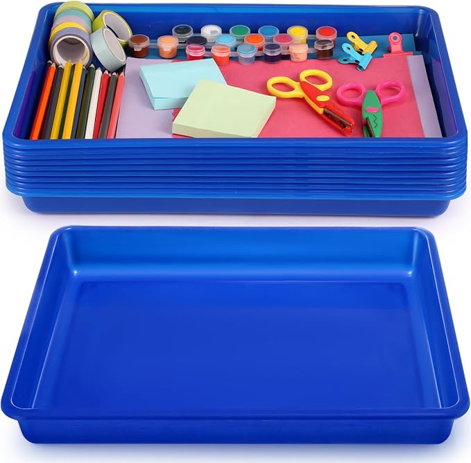 Hoteam 10 Pcs Flat Storage Organizer Tray Bin Paper Tray for Classroom Plastic Stackable File Organizer for School Office Teacher Book Organization(Blue,16.14 x 11.81 x 1.38 Inch)