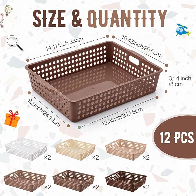Geetery 12 Pack Classroom Storage Baskets with Handle 14''x10'' Paper Tray Holds A4 Turn in Trays Plastic Paper Baskets Desk Organizer Bin for Classroom, Library, Office, Home (Gradient Brown)