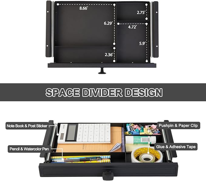 GOME Under Desk Slide out Pencil Drawer with Space Divider Design for Storing Pencil and Office Accessories, Underdesk Pull out Tray Organizer Mounted for Sit Stand Workstation