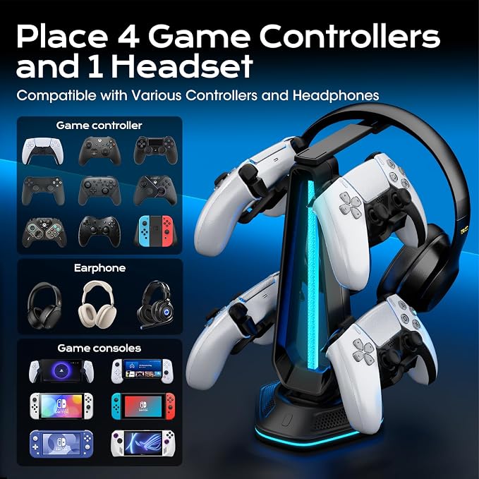 Saitake RGB Controller Holder with 9 Light Modes,Controller Stand with 2 USB Ports,Headset Stand for Desk-Headphone Holder Suitable for Xbox PS4 5 Switch Controllers Gaming Room Deco