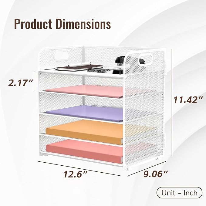 Supeasy 5 Trays Paper Organizer Letter Tray with Handle-Mesh Desk File Holders, Paper Sorter Desk Organizer for Office, Home, Classroom or School, White