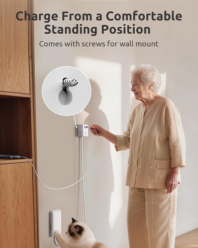 NUTICT 8FT Extension Cord with Ultra-Thin Outlet Cover, Flat Plug Power Strip with 3 Outlets & 3 USB-C & 1 USB-A Port, Wall Mountable, Hide Bulky and Messy Cords Behind Furniture Tight Spaces, White
