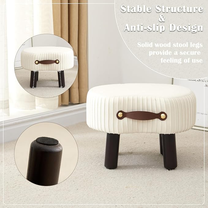Foot Stools Small, White Ottomon with Handle, Velvet Footrest | Curved Foot Stool with Padded Seat Wooden Legs, Portable Foot Rest for Living Room, Bedroom, Entryway (White)
