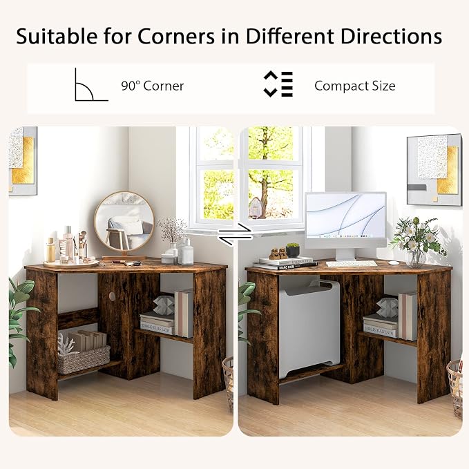Small Corner Desk, Space-Saving Corner Workstation with Storage Shelves & CPU Stand, 90 Degree Triangle Makeup Vanity Desk, Wood Corner Computer Desk for Small Space (Rustic Brown)