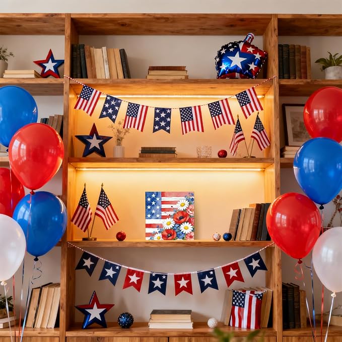 Patriotic Wooden Box Sign,Stars And Stripes Floral 4th Of July Signs Home Decor,Independence Memorial Day Block Sign for Desk Shelf Tabletop Decor