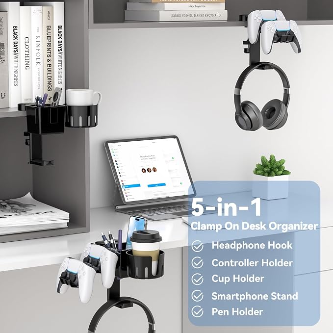 KDD 5 in 1 Desk Controller Holder - Rotating Headphone Hanger with Cup Holder - Clamp On Desk Organizer Holds Controller, Headphone, Cup, Mobile Phone and Pen(Black)