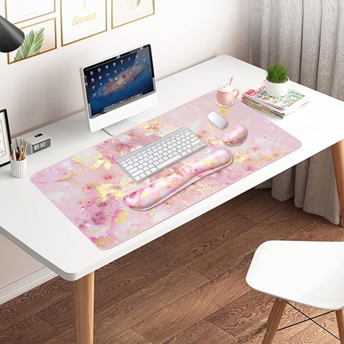 Keyboard Mouse Pad Set, Extended Mouse Pad+Keyboard Wrist Rest Support, Memory Foam Ergonomic Easy Typing, 3Pcs (35.4×15.7 in) Desk Pad Set for Home Office Study Game- Pink Gold Marble