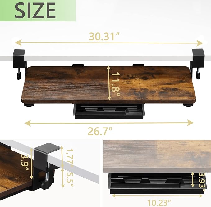 ETHU Keyboard Tray Under Desk, 26.77" X 11.81" Large Size Keyboard Tray with C Clamp-on Mount Easy to Install, Computer Keyboard Stand, Ergonomic Keyboard Tray for Home and Office