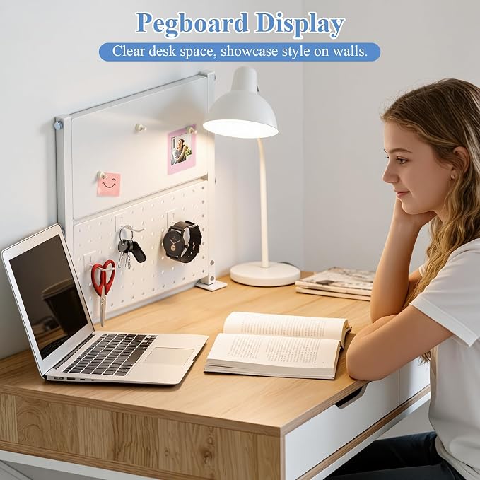 Jumyee 2-Tier Side/Top Clamp On Desk Shelf With Magnetic Pegaboard(White) | Flip Pegboard Tray & Magnetic Accessories, No-Drill White Desk Shelf with 6 Hooks for Home Office Gaming Accessories