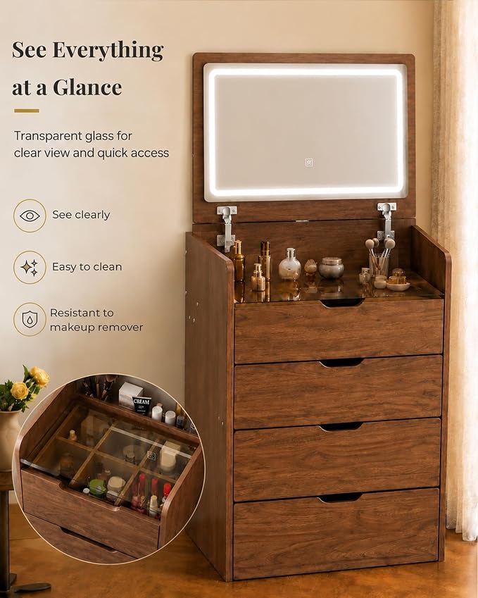 Small Vanity with Mirror and Lights for Small Space, 3-in-1 Compact Makeup Vanity Desk with Storage, Flip Top Vanity Table with Hidden Stool, 3 Color Mode, Drawers & Jewelry Organizer, Mini Vanity Set