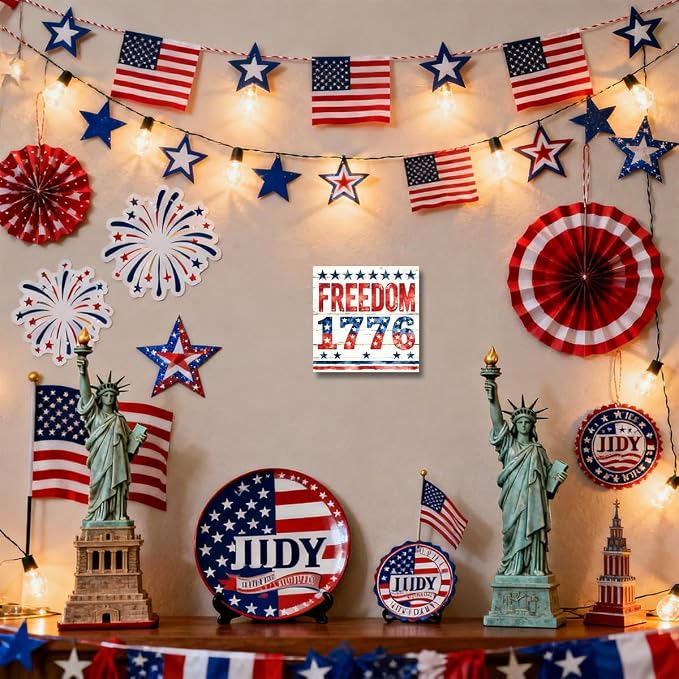 Patriotic Wooden Box Sign,Freedom 1776 4th Of July Signs Home Decor,Independence Memorial Day Block Sign for Desk Shelf Tabletop Decor