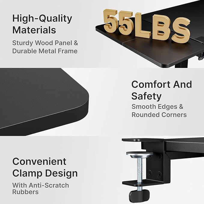 PEGZONE Desk Extender Tray, 28" x 12" Clamp On Desk Shelf, Desk Extension with Storage Drawer, Table Desk Arm Rest, Clamp On Keyboard Tray for Office and Home, Workstation Organizer, Large, Black