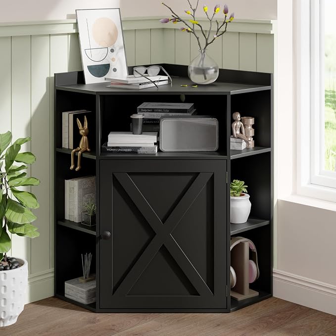 Vabches Corner Cabinet, Corner Storage Shelf with USB Ports and Outlets Industrial Organizer for Small Space Wooden 6-Cubby Bookshelf for Study, Playroom, Living Room (Black)