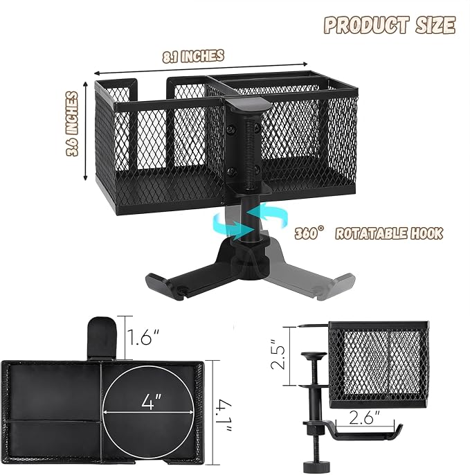 Multi-Function Desk Cup Holder with Headphone Hanger, 3 in 1 Caddy Organizer for Salon Chair, Bedside, Desk or Table - Sturdy Anti-Spill Drink Holder for Water Bottles, Coffee, Bag (Black)