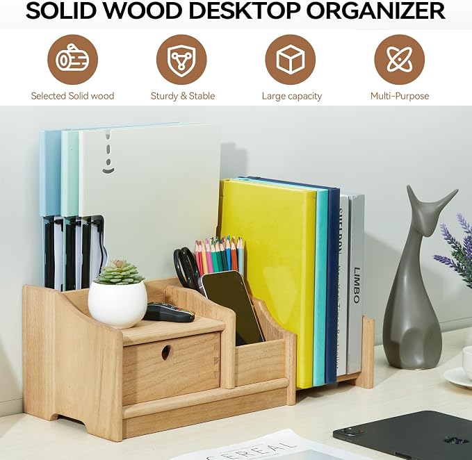 KIRIGEN Desktop Bookshelf Organizer with Drawer, Expandable Wood Desk Shelf, Fully Assembled Book Rack for Office Supplies, Files and Notebooks, Brown, 12.24 to 22.7 in Adjustable Width, SSSJ-S-NA