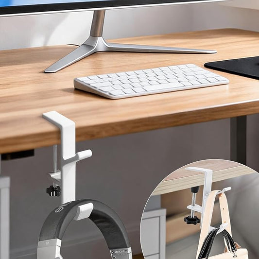 Desk Mount Bag Holder Hook Clamp,On Backpack Hanger Portable Desk Mount Headphones Holder for Reduce Desk Clutter Table Desk Table Hanging Storage (1 Pcs-Double Hook White)