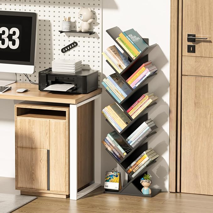 SHEEPAM 10 Tier Tree Book Shelf, Floor Standing Wood Bookshelf for Narrow Space, Storage Organizer Bookshelves for Books/CDs/Magazine, Bookcase with Shelves for Home Office, Living Room - Black