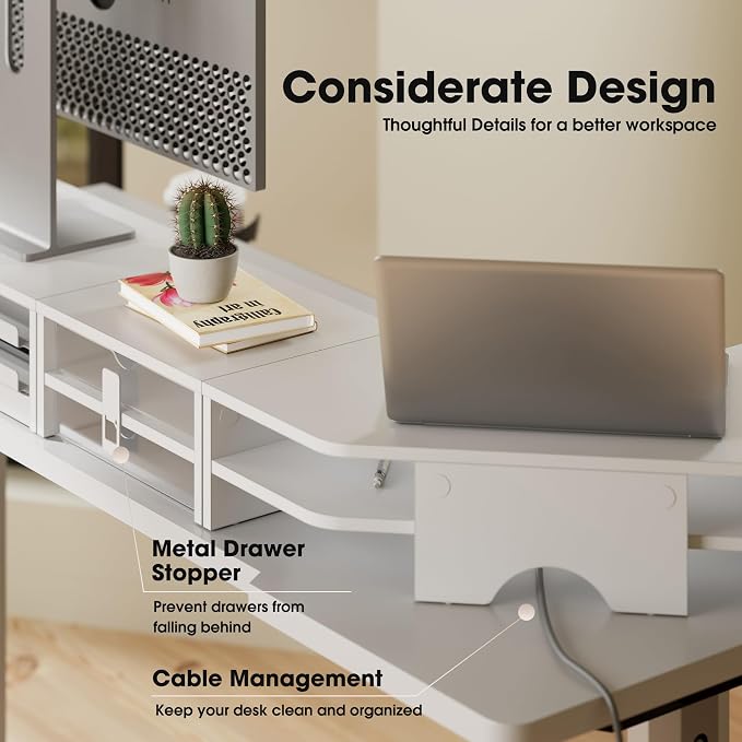 Fenge Dual Monitor Stand, Corner Monitor shelf with Drawer and Slide-Out Tray, 2 Tier Triangle Monitor Riser with Storage, Desk Shelf Organizer for Desk, Home Office, Computer, Laptop, Printer