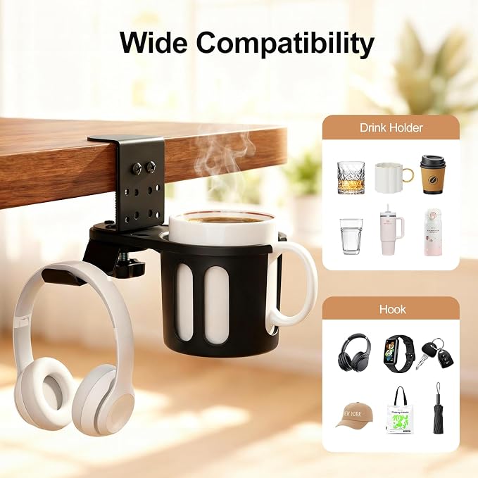 DecBeLiv 360° Rotating Cup Holder wiht Hook Under Desk Anti Spill Space Saving for Home Office Camping