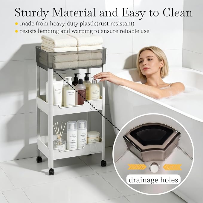 3 Tier Rolling Cart with Wheels 4.7'' Deep Baskets Bathroom Storage Shelf Heavy Duty Plastic Bedside Cart, Large Capacity Snack Stand Diaper Caddy Laundry Room Kitchen Organizer, White