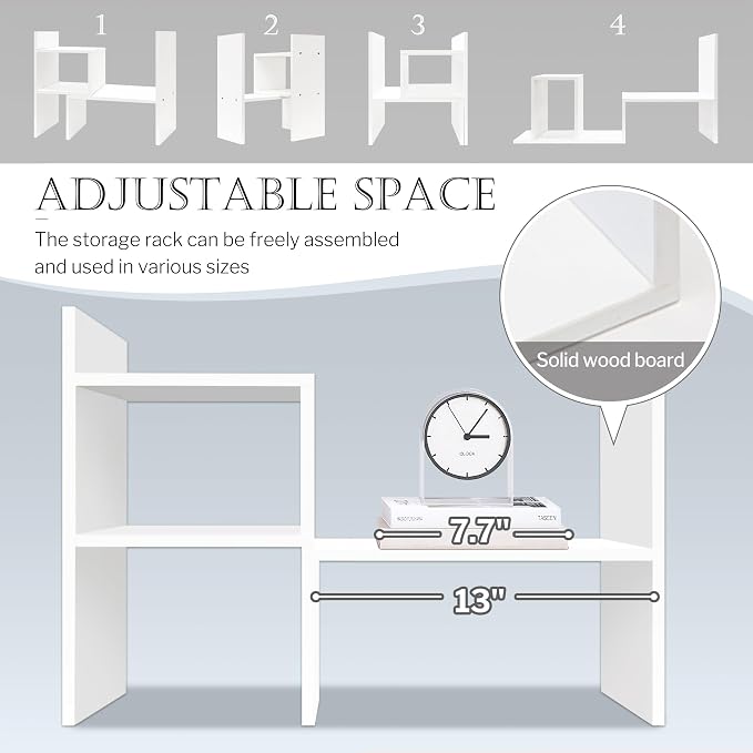 Jerry & Maggie Desktop Organizer Office Storage Rack Adjustable Wood Display Shelf Birthday Gifts Toy Home Decor Free Style Rotation Display True Natural Stand Shelf White 2 Pack