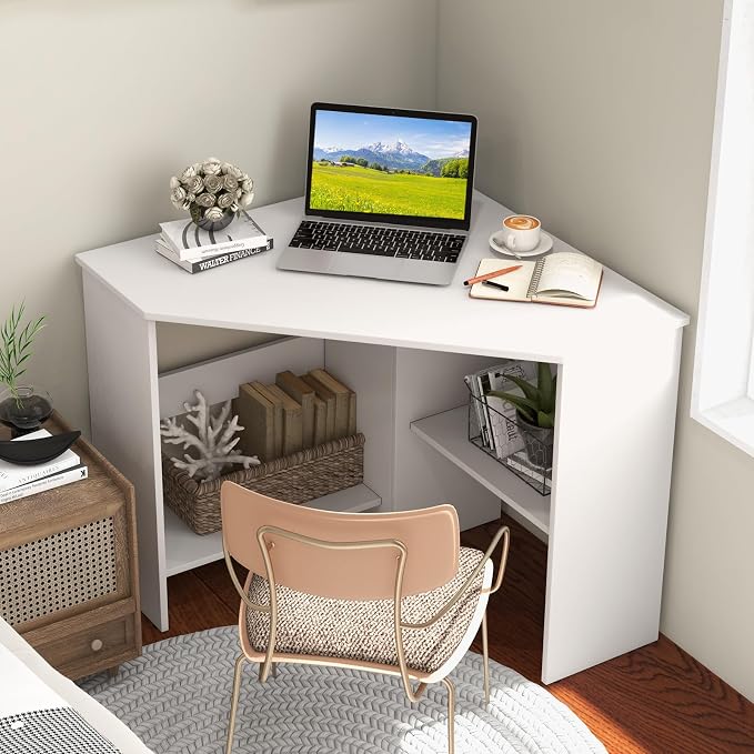 HOMGX Corner Computer Desk, Triangle Desk with Storage Shelves, Small Corner Desk for Small Spaces, Corner Vanity Desk for Home, Bedroom, Living Room, Office (White)