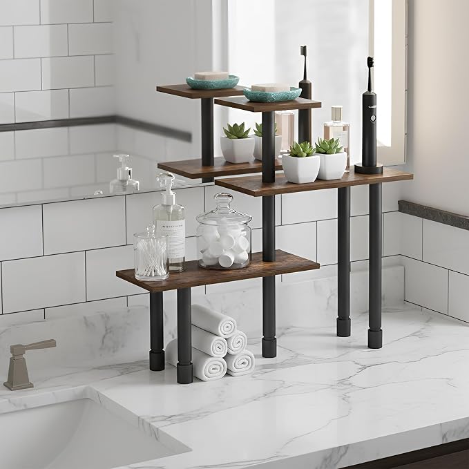 Furinno Turn-N-Tube Corner Shelf, 3-Tier Countertop Corner Organizer, Toolless Pantry Organizers and Accessories, Adjustable Table Top Shelf, for Vanity, Small Spaces, Kitchen, Bathroom, Amber Pine