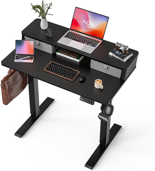 FiCiHi 40x24 Inch Standing Desk with Drawers, C-Clamp Mount Compatible, Electric Adjustable Height Computer Small Stand Up Desks, Home Office Sit Stand Table with 3 Preset Heights, Black