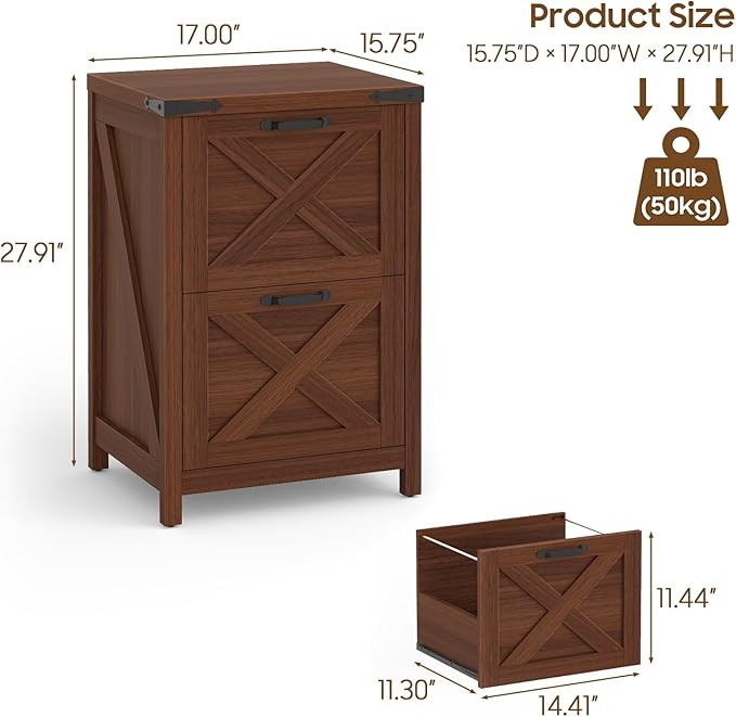 Halitaa 2 Drawer Small File Cabinet, Farmhouse Vertical Filing Cabinet Fits Letter and A4 Size, Under Desk Wooden File Cabinets for Home Office, Printer Stand, Walnut