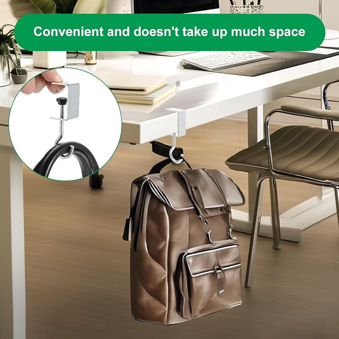 cobee Clamp-On Under Desk Hooks, Desk Mount Hanging Bag Holder Metal Hook Adjustable Headphones Clamp Organizer Portable Purse Hanger Clip Reduce Desk Clutter Table Desk Under Counter (4 Pcs, Silver)