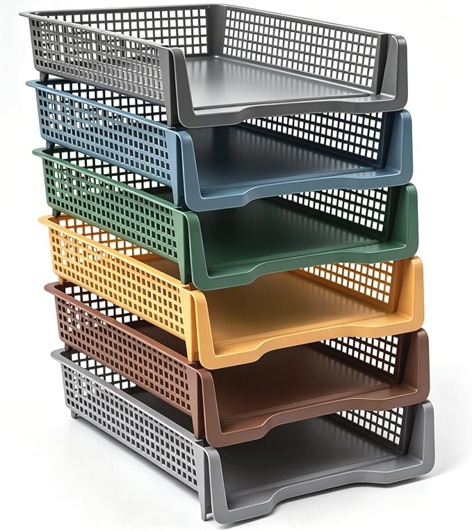 Geetery Set of 6 Plastic Trays for Teachers Turn in Trays Classroom Stackable Paper Tray Plastic Classroom Teachers Desk Letter Organizer Storage Baskets for Office, Desk, Home (Cottage Color)