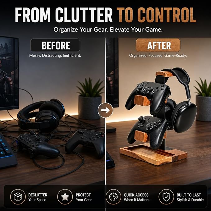 Acacia Wood Gaming Headset Stand & Dual Controller Holder, Solid Wood Desk Organizer Compatible with PS5, Xbox, Switch, Over-Ear Headphones, Gamer Gift for Men