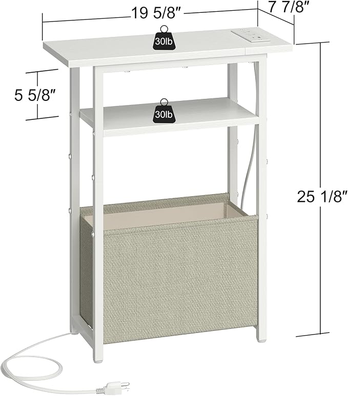 sthmec Narrow Side Table with Charging Station, LED End Table for Small Spaces, White Skinny Nightstands with Storage Basket, 3 Tier Sofa Bedside Tables for Living Room,Bedroom, White