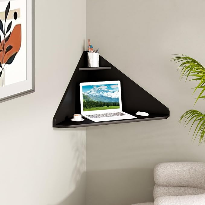 Giantex Corner Floating Desk, Wall Mounted Computer Desk with Storage Shelf, Space-Saving Writing Desk, Triangle Laptop Desk for Living Room, Study, Bedroom, Home Office & Small Spaces (Black)