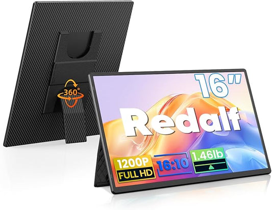 Redalf 16" Portable Monitor, 1200P FHD Ultra Slim Laptop Screen Extender, 360°Rotating Detachable Stand, Plug & Play Travel Dual Monitor for Laptop/Wins/MacOS/Phone