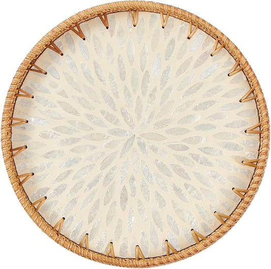 Kmelep Round Rattan Tray with Mother of Pearl Inlay, Rattan Serving Tray with Wooden Base, Decorative Wicker Basket for Table Decor, Storage and Display of Coffee Bread Food Fruit (Leaf 2)