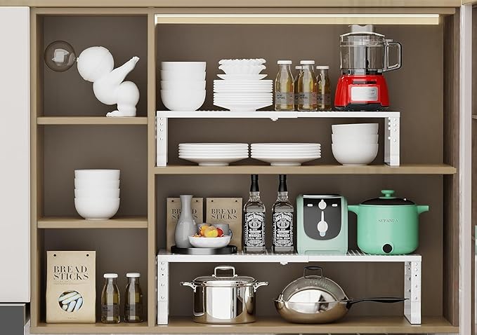 Jojocross Expandable Cabinet Shelf Organizer Storage Spice Rack Shelves for Kitchen Stackable Adjustable Pantry Cupboard Bathroom Countertop Desktop(2Packs/White/Large-with Hole)