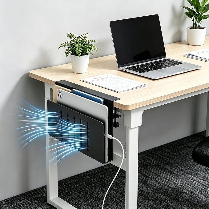 Under-Desk Laptop Mount,Clamp-On Hidden Notebook Holder, No Drill Adhesive-Free Floating Shelf for Desk Organization, Space Saving Workstation