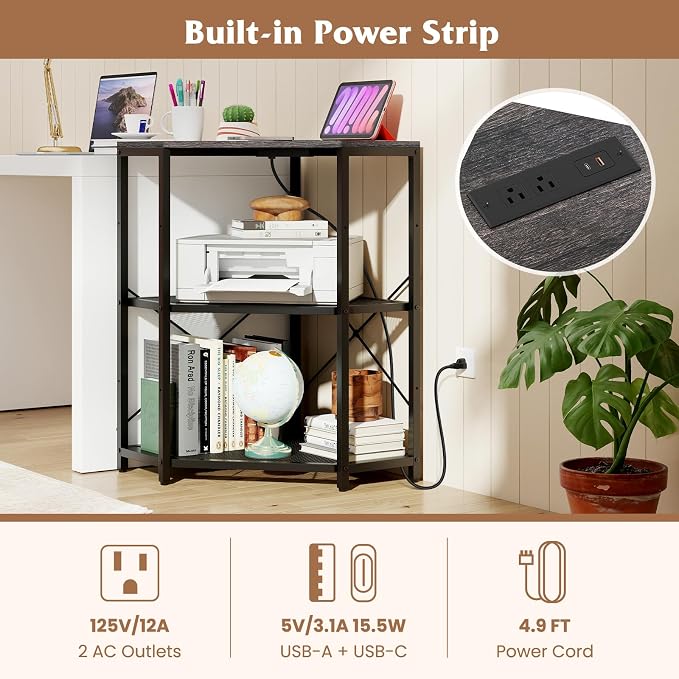 Tangkula Corner Printer Stand with Power Outlet, 3-Tier Storage Rack with Adjustable Metal Mesh Shelf, Freestanding Corner Table Computer Tower Holder for Home Office Living Room (Grey & Black)
