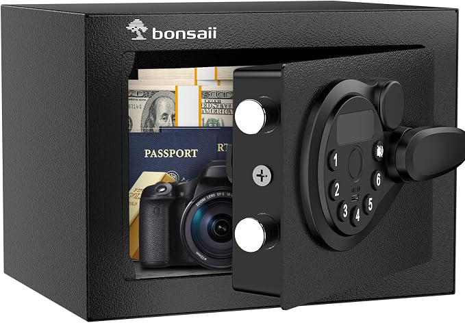 Bonsaii Safe Box with Electronic Keypad, Steel Security Lock Box with Key, 0.23 Cubic Feet, 9.06" W x 6.69" D x 6.69" H, Small Hidden Safe for Cash Jewelry