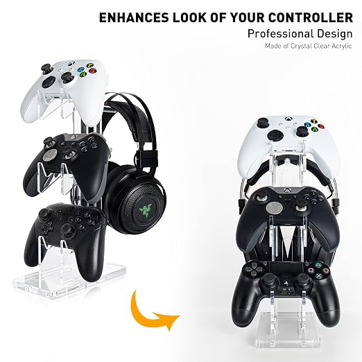 OAPRIRE Controller Stand Headset Stand, 3 Tier Acrylic Gaming Controller Holder Compatible with PS4, PS5, PC, Xbox, Universal Design (Clear)