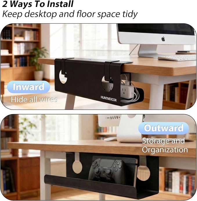 No Drill Under Desk Cable Management Tray with Clamp, Home/Office Desk Cord Organizer and Accessories Storage Shelf, 17'' Metal Cable Organizer for Standing/Gaming Desk, Office Supplies, Black 1 Set