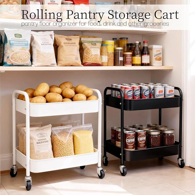 2 Tier Metal Rolling Utility Cart with Wheels Under Desk Storage Cart with Handle, Roll Around Organizer Trolley for Small Space Pantry Bathroom Home Kitchen Office Snack Baby Supplies, Black