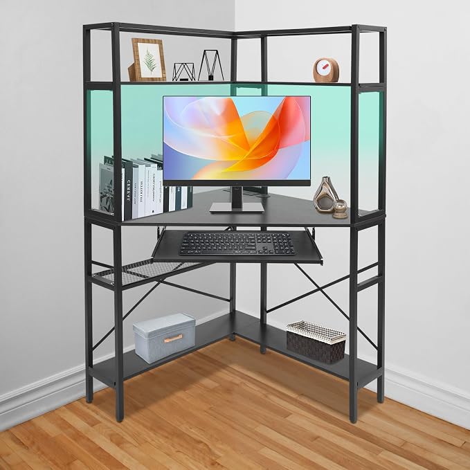 Corner Desk, Triangle Corner Computer Desk with Keyboard Tray and USB Ports, Small Computer Desk with Hutch and LED Lights ComputerDesk for Small Space, Home Office Desk, Black