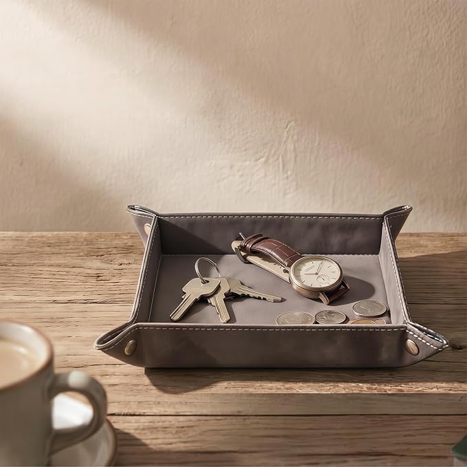 Valet Tray Desktop Storage Organizer – Vegan Leather Catchall Bedside Vanity Tray Nightstand Caddy Holder for Remote Controller, Watch, Keys, Phone, Wallet, Coin, Jewelry, Stone Gray Brown